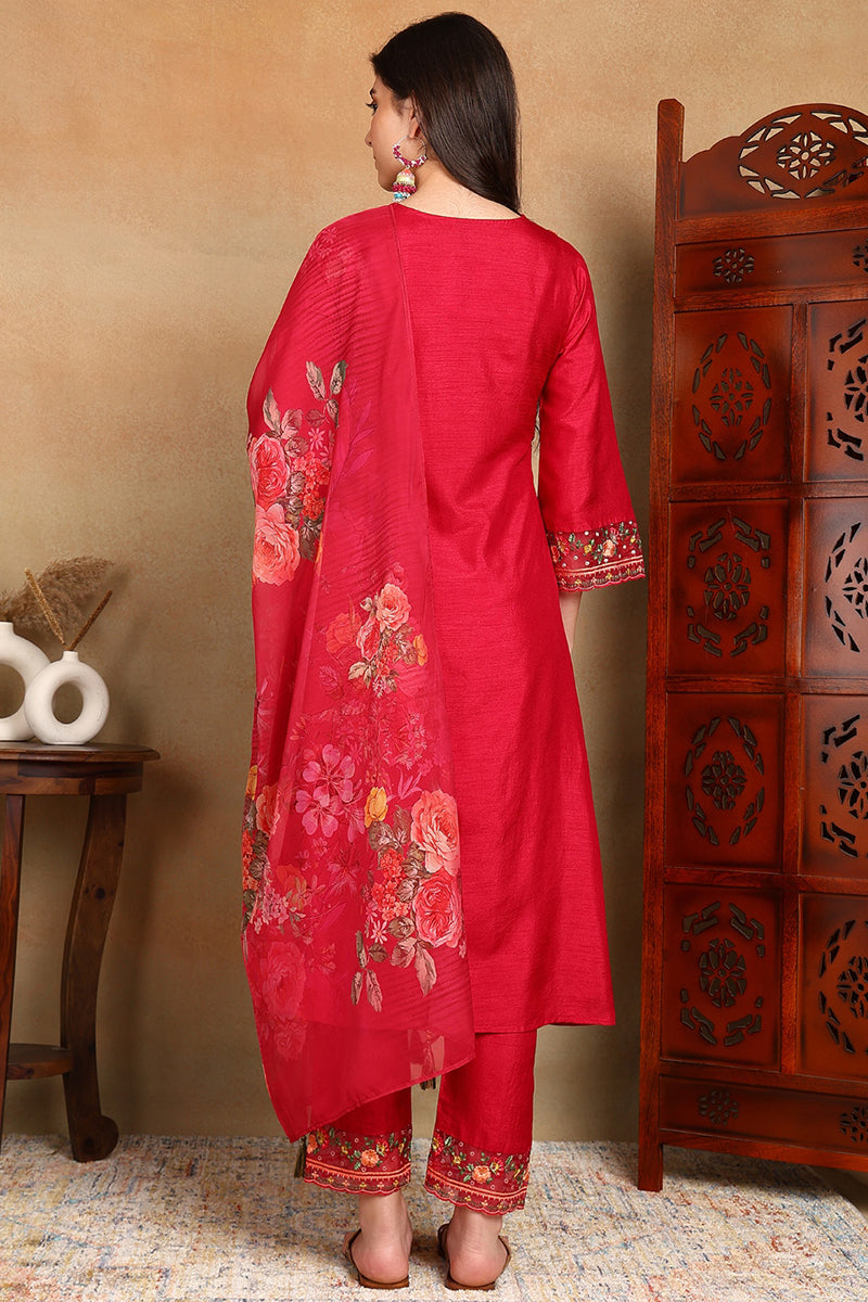 Rani Pink Silk Blend Solid Embroidered Straight Suit Set