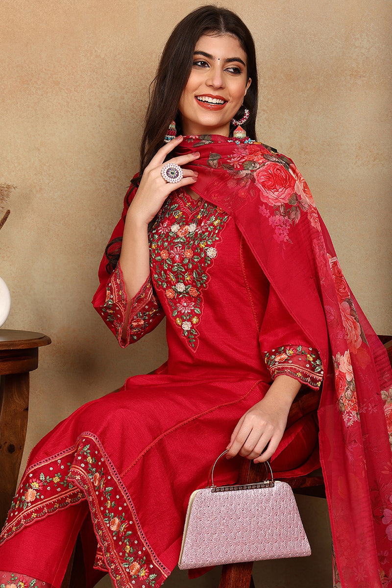 Rani Pink Silk Blend Solid Embroidered Straight Suit Set