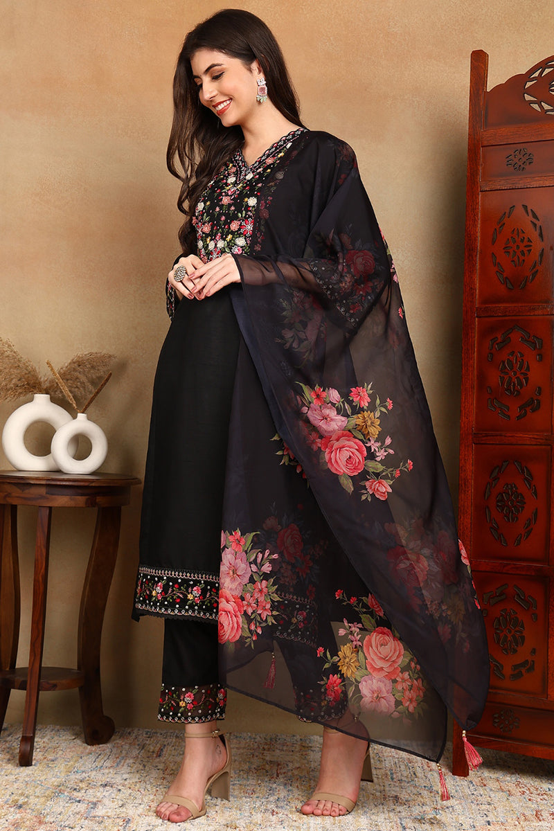Black-Silk-Blend-Solid-Embroidered-Straight-3-Piece-Kurta-Set