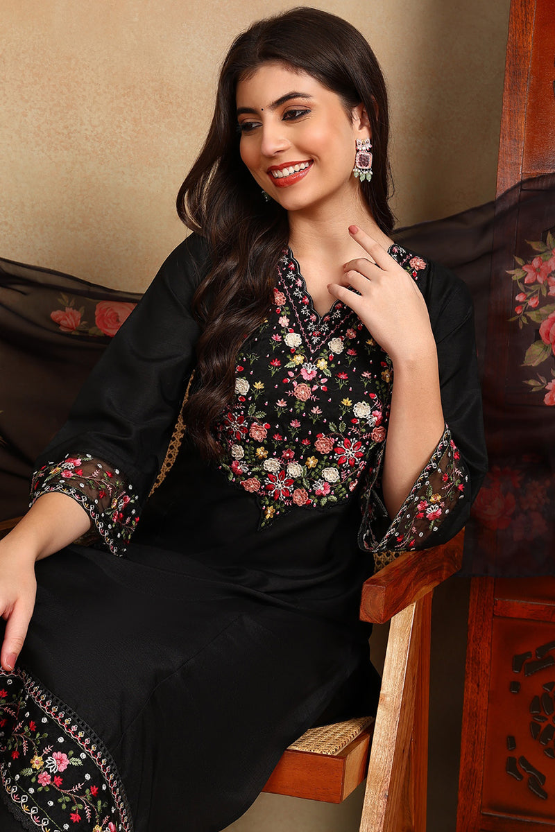 Black-Silk-Blend-Solid-Embroidered-Straight-3-Piece-Kurta-Set