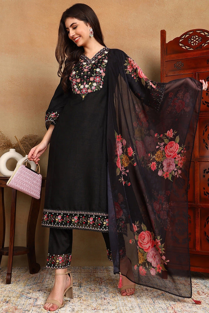 Black-Silk-Blend-Solid-Embroidered-Straight-3-Piece-Kurta-Set