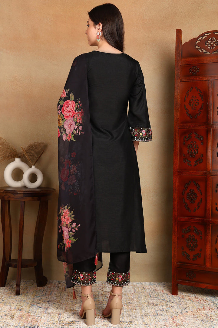 Black-Silk-Blend-Solid-Embroidered-Straight-3-Piece-Kurta-Set