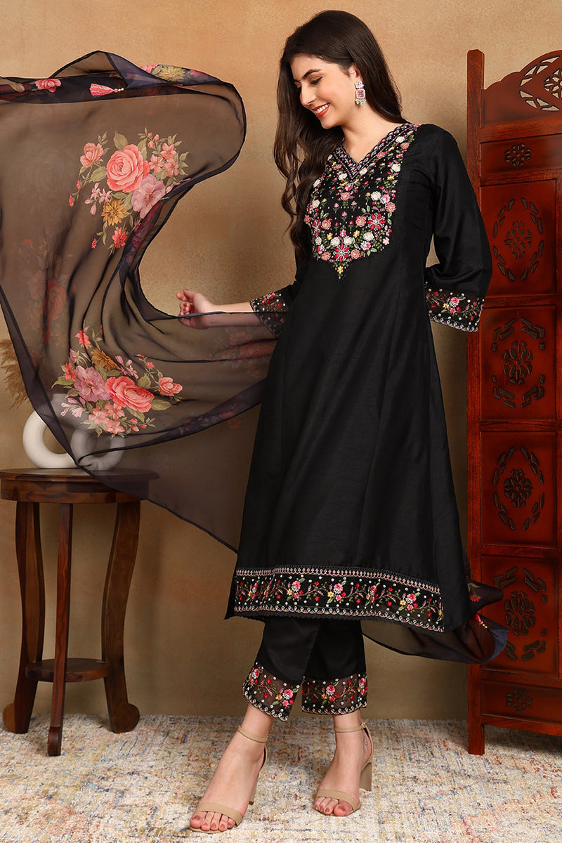 Black-Silk-Blend-Solid-Embroidered-Straight-3-Piece-Kurta-Set