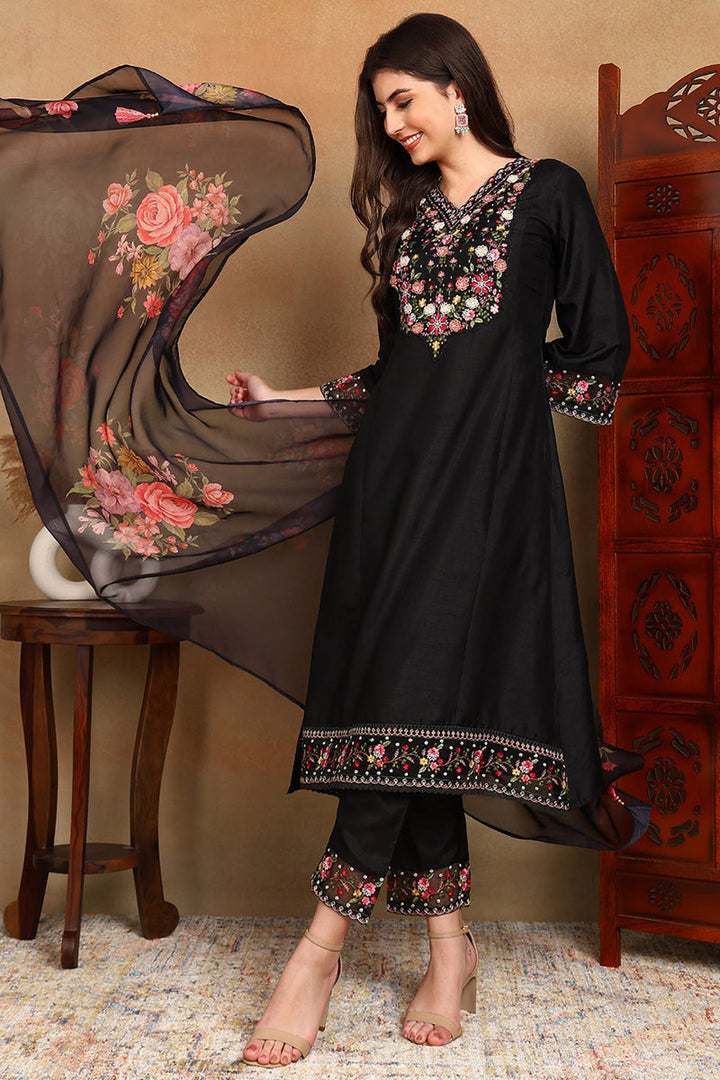 Black-Silk-Blend-Solid-Embroidered-Straight-3-Piece-Kurta-Set