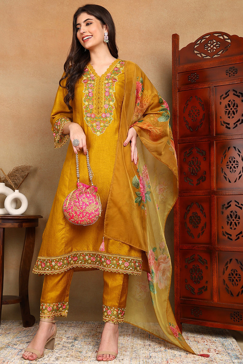 Mustard-Yellow-Silk-Blend-Solid-Embroidered-3-Piece-Kurta-Set