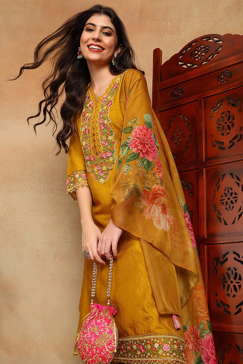 Mustard-Yellow-Silk-Blend-Solid-Embroidered-3-Piece-Kurta-Set