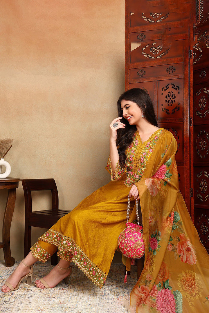 Mustard-Yellow-Silk-Blend-Solid-Embroidered-3-Piece-Kurta-Set