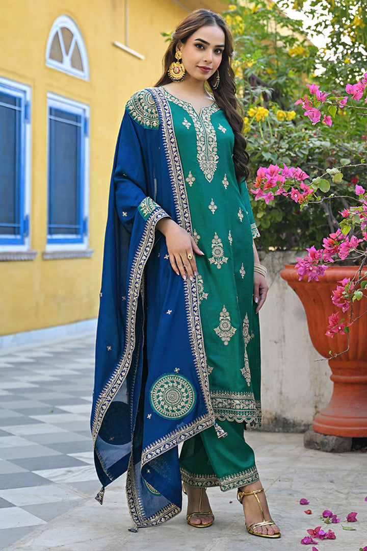 Green-Silk-Blend-Solid-Embroidered-Straight-Kurta-Set