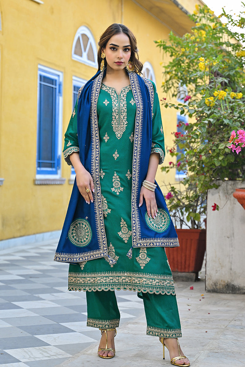 Green-Silk-Blend-Solid-Embroidered-Straight-Kurta-Set