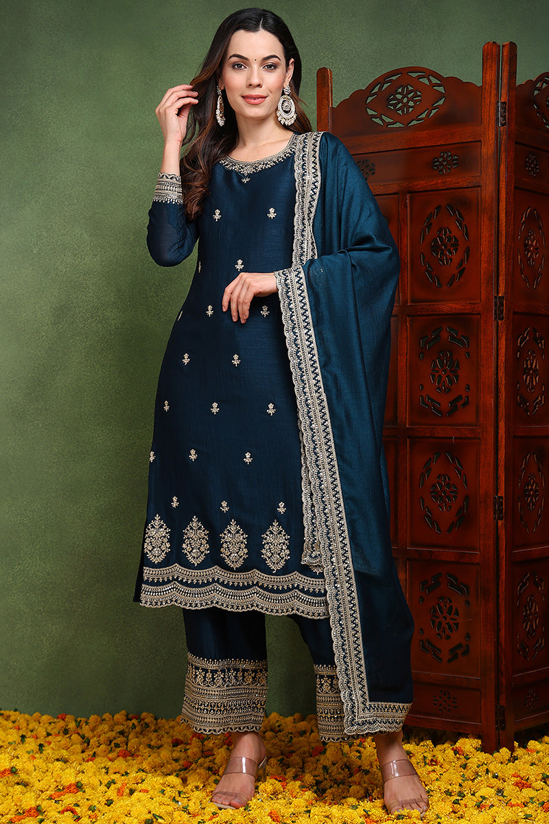 Dark-Blue-Silk-Blend-Solid-Embroidered-Straight-Kurta-Set
