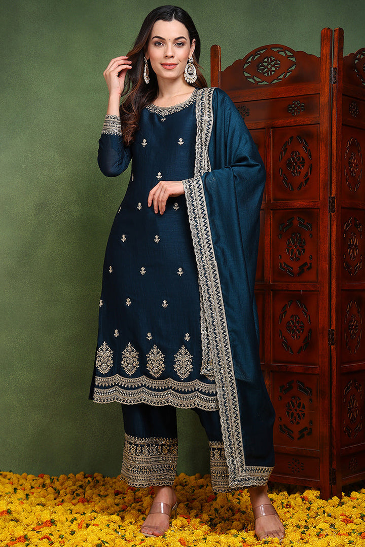 Dark-Blue-Silk-Blend-Solid-Embroidered-Straight-Kurta-Set