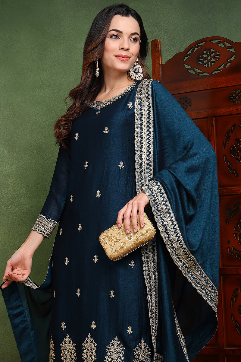 Dark-Blue-Silk-Blend-Solid-Embroidered-Straight-Kurta-Set