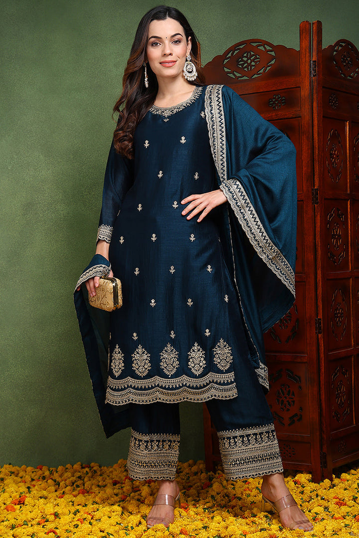 Dark-Blue-Silk-Blend-Solid-Embroidered-Straight-Kurta-Set
