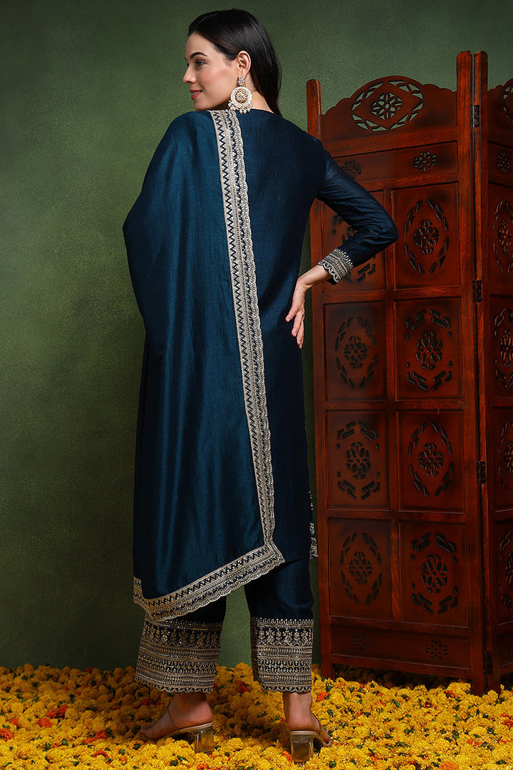 Dark-Blue-Silk-Blend-Solid-Embroidered-Straight-Kurta-Set