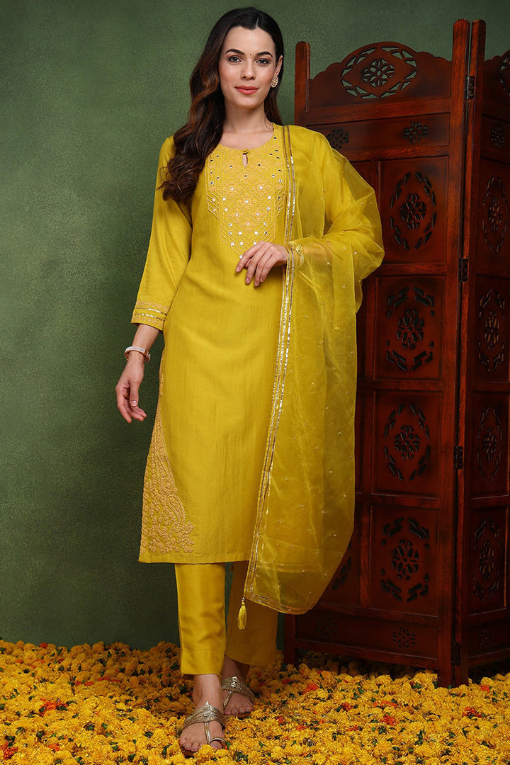 Mustard-Yellow-Silk-Blend-Solid-Yoke-Design-Straight-Kurta-Set