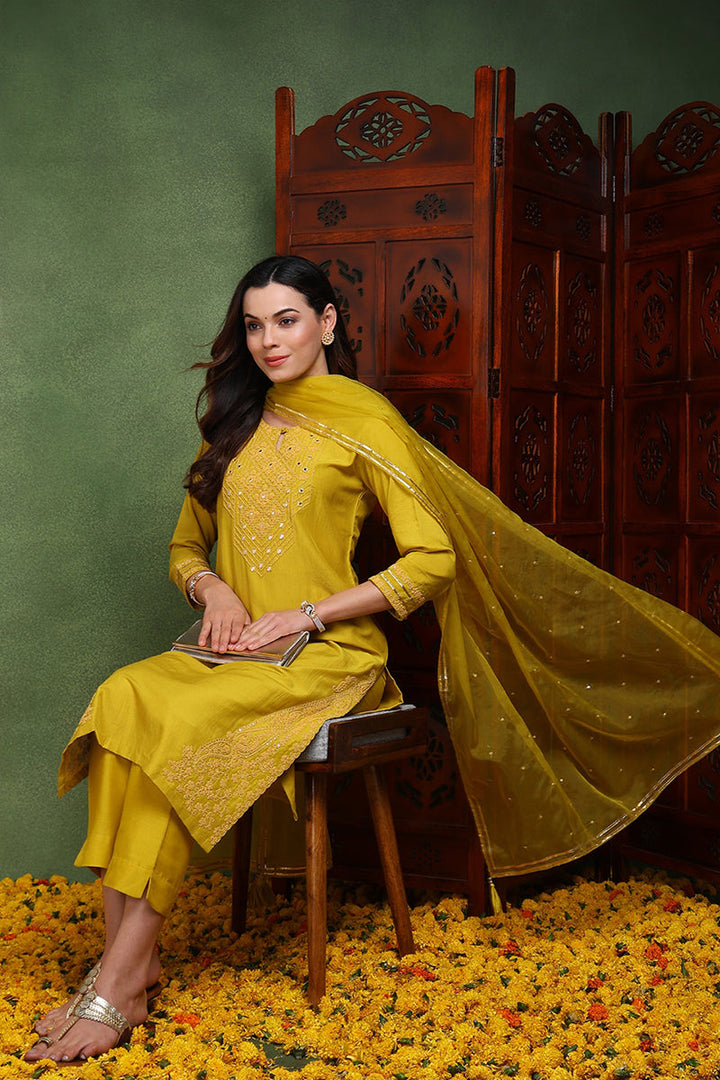 Mustard-Yellow-Silk-Blend-Solid-Yoke-Design-Straight-Kurta-Set