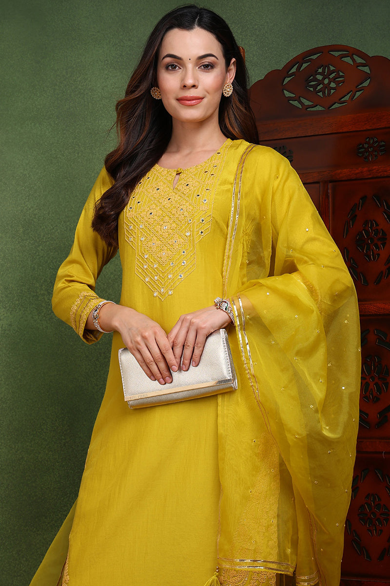 Mustard-Yellow-Silk-Blend-Solid-Yoke-Design-Straight-Kurta-Set