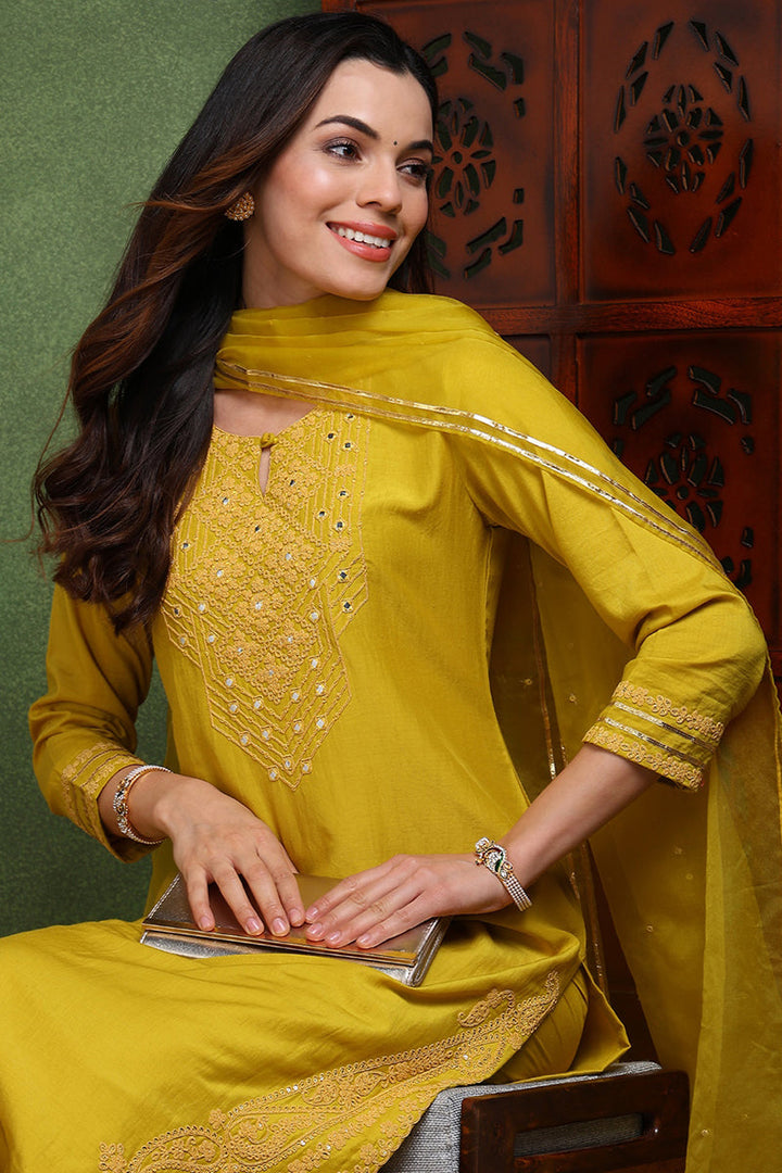 Mustard-Yellow-Silk-Blend-Solid-Yoke-Design-Straight-Kurta-Set