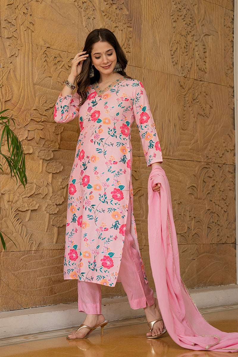 Pink-Rayon-Blend-Floral-Printed-Straight-Kurta-Set