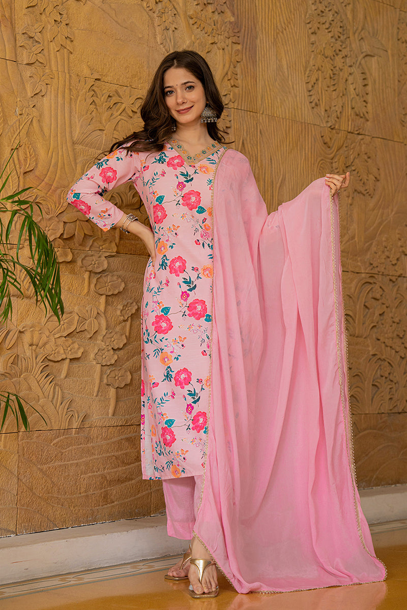 Pink-Rayon-Blend-Floral-Printed-Straight-Kurta-Set