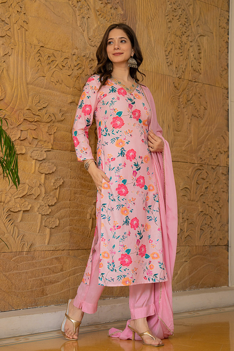 Pink-Rayon-Blend-Floral-Printed-Straight-Kurta-Set