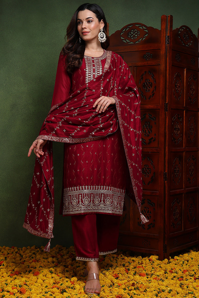 Maroon-Silk-Blend-Solid-Embroidered-Straight-Kurta-Set