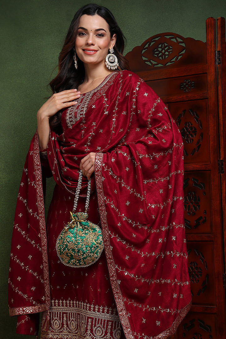 Maroon-Silk-Blend-Solid-Embroidered-Straight-Kurta-Set