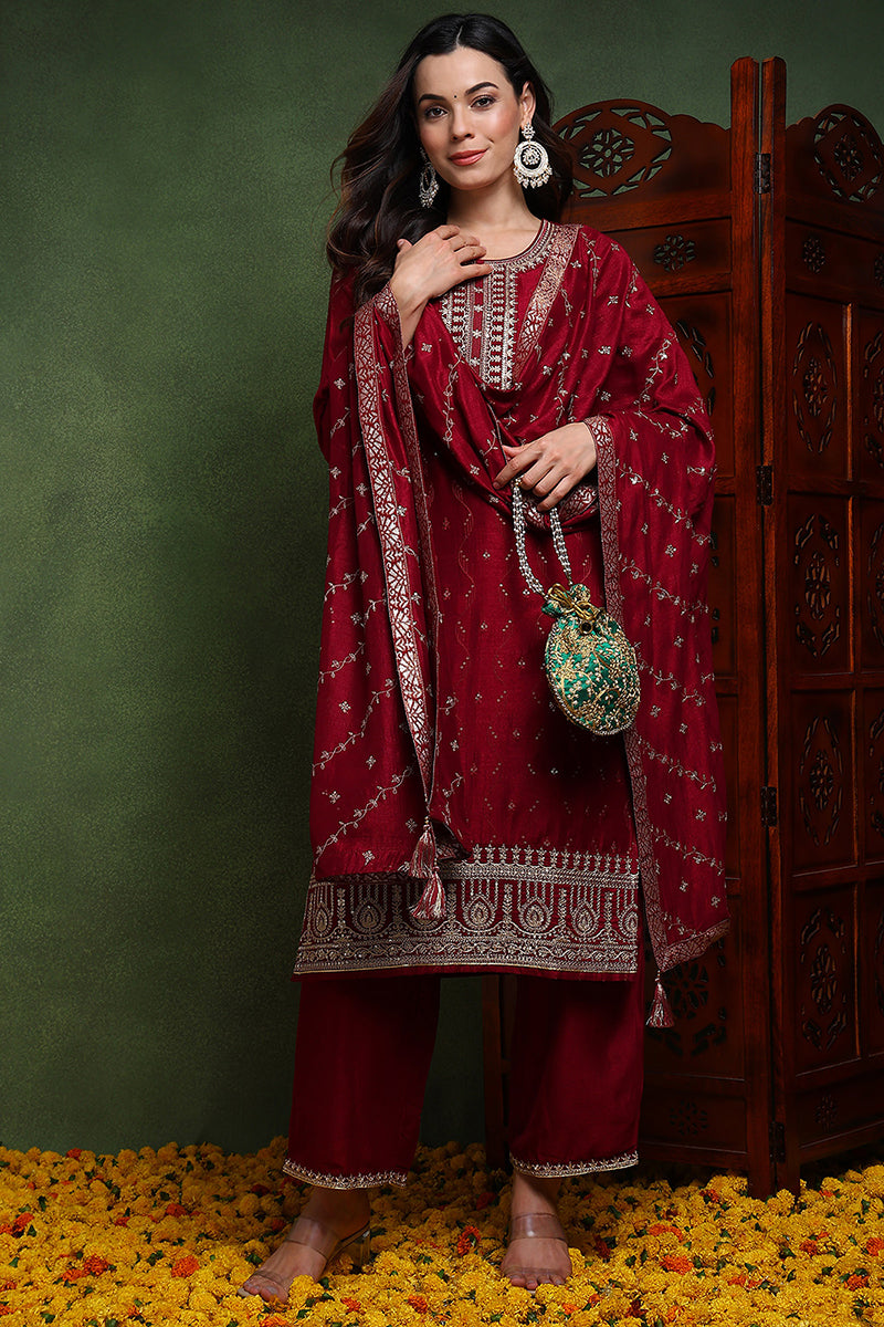 Maroon-Silk-Blend-Solid-Embroidered-Straight-Kurta-Set
