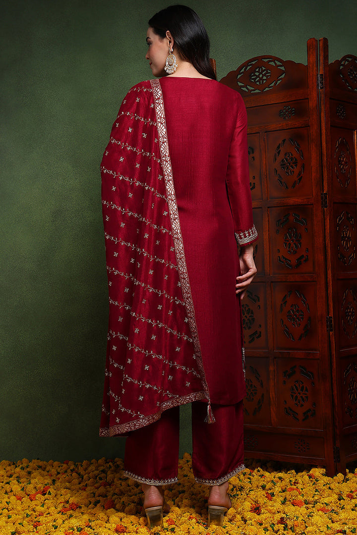 Maroon-Silk-Blend-Solid-Embroidered-Straight-Kurta-Set