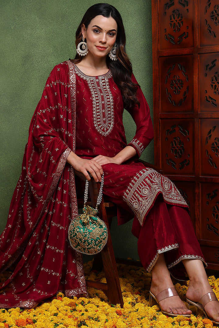 Maroon-Silk-Blend-Solid-Embroidered-Straight-Kurta-Set