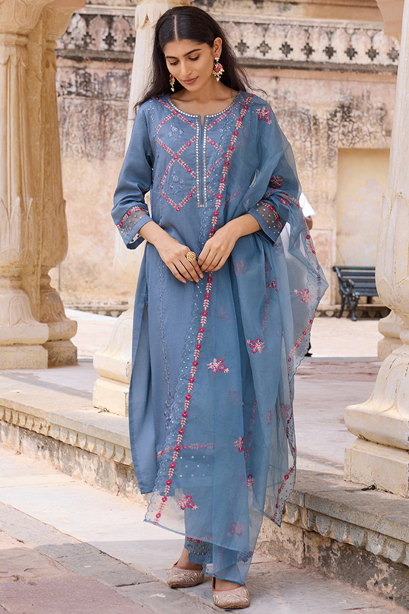 Blue-Silk-Blend-Solid-Embroidered-Straight-3-Piece-Kurta-Set