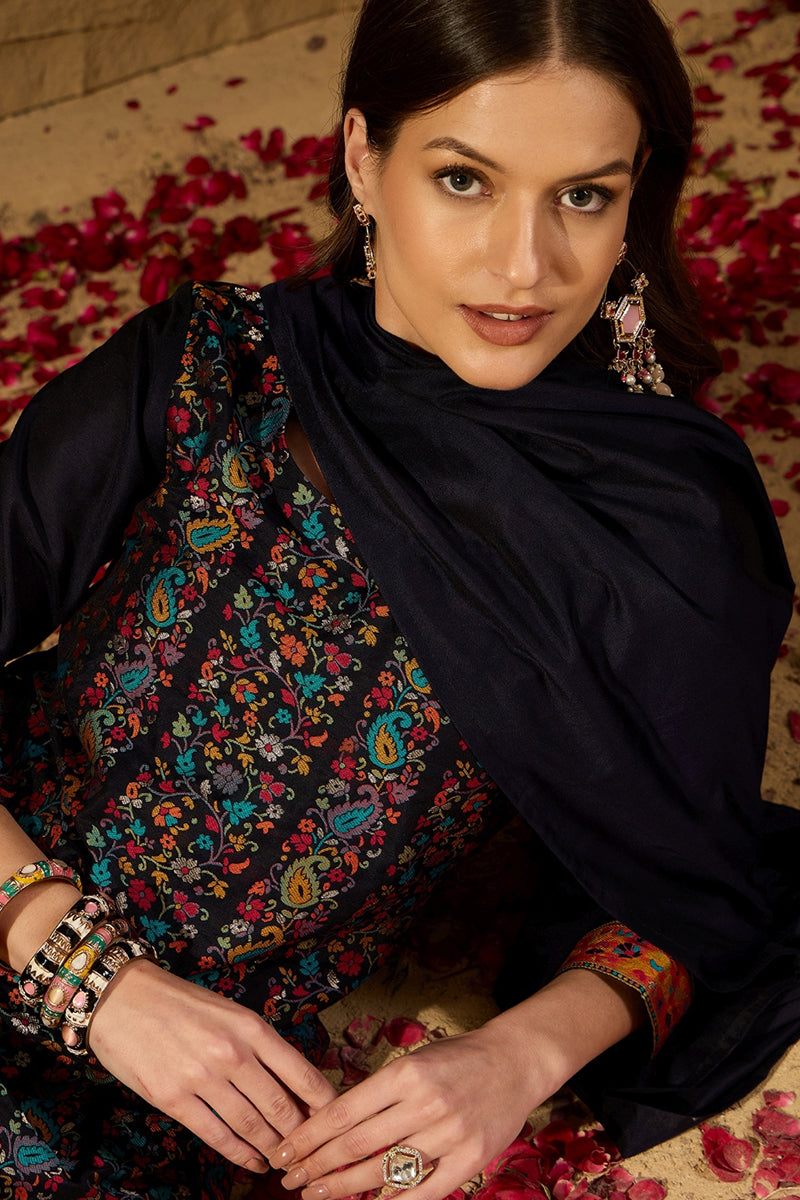 Navy-Blue-Silk-Blend-Woven-Design-Straight-3-Piece-Anarkali-Set