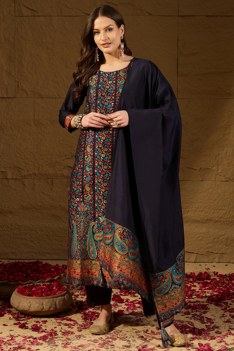 Navy-Blue-Silk-Blend-Woven-Design-Straight-3-Piece-Anarkali-Set