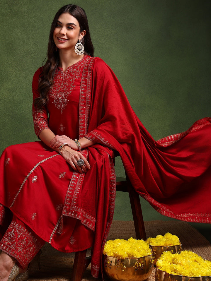 Red Silk Blend Solid Embroidered A-Line Kurta Palazzo With Dupatta