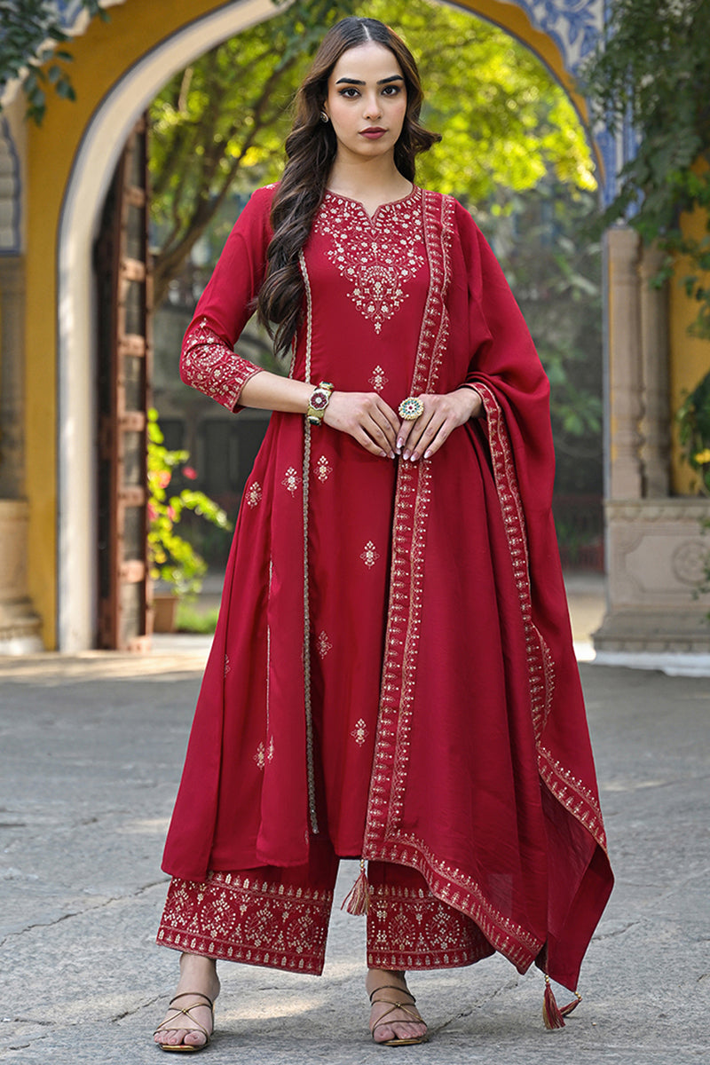Red-Silk-Blend-Solid-Embroidered-A-Line-Palazzo-Set
