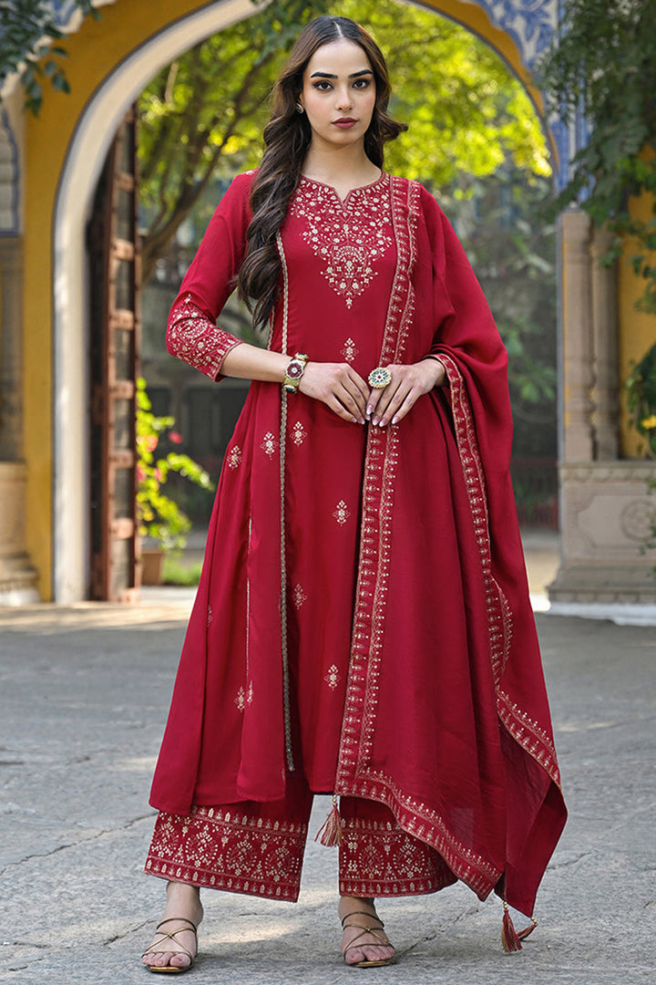 Red-Silk-Blend-Solid-Embroidered-A-Line-Palazzo-Set