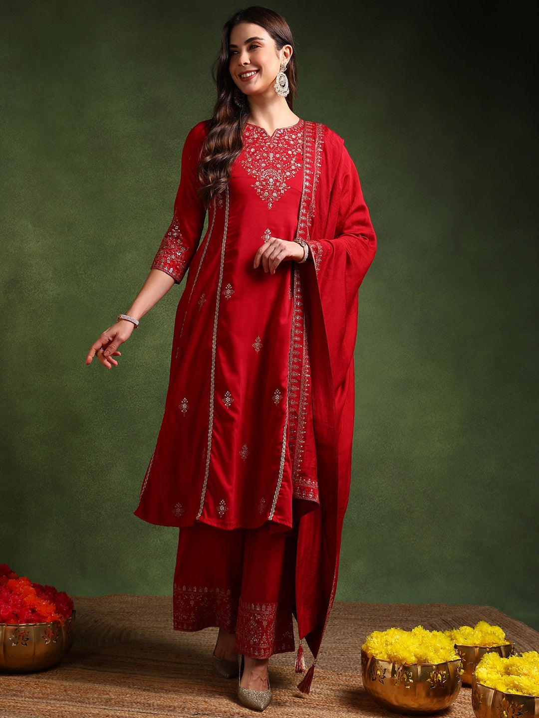 Red Silk Blend Solid Embroidered A-Line Kurta Palazzo With Dupatta