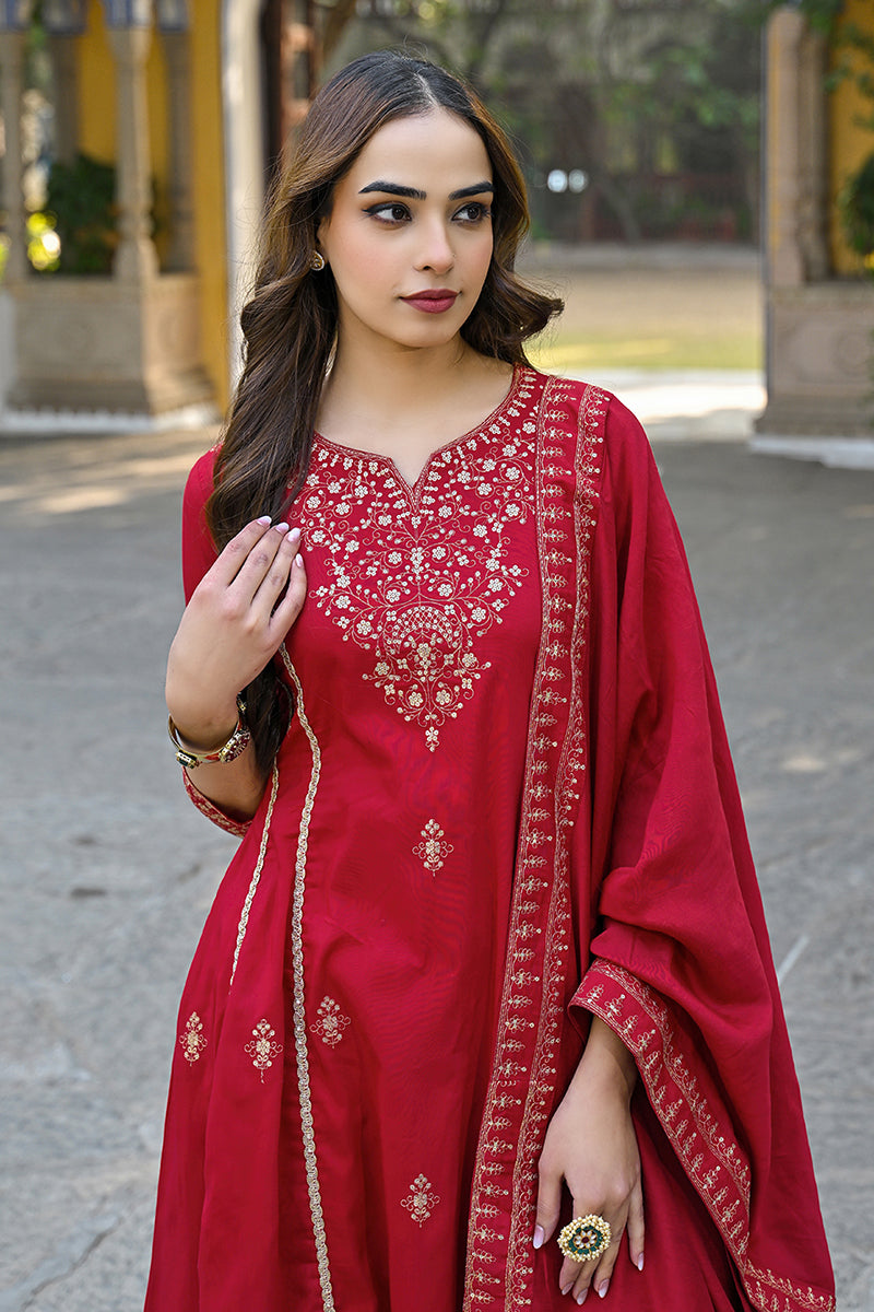 Red-Silk-Blend-Solid-Embroidered-A-Line-Palazzo-Set