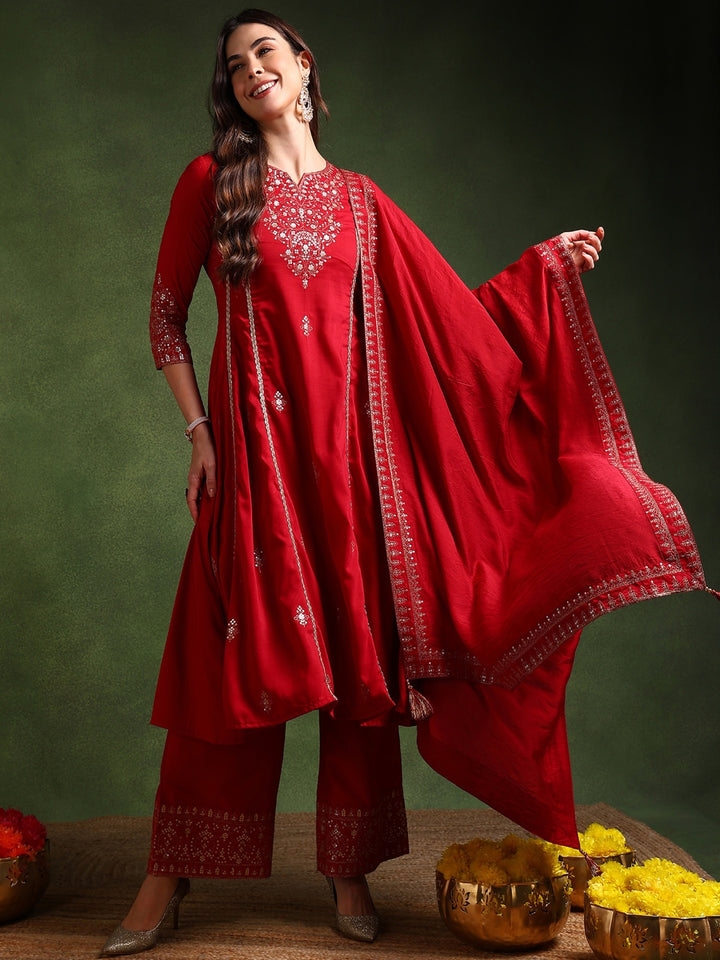 Red Silk Blend Solid Embroidered A-Line Kurta Palazzo With Dupatta