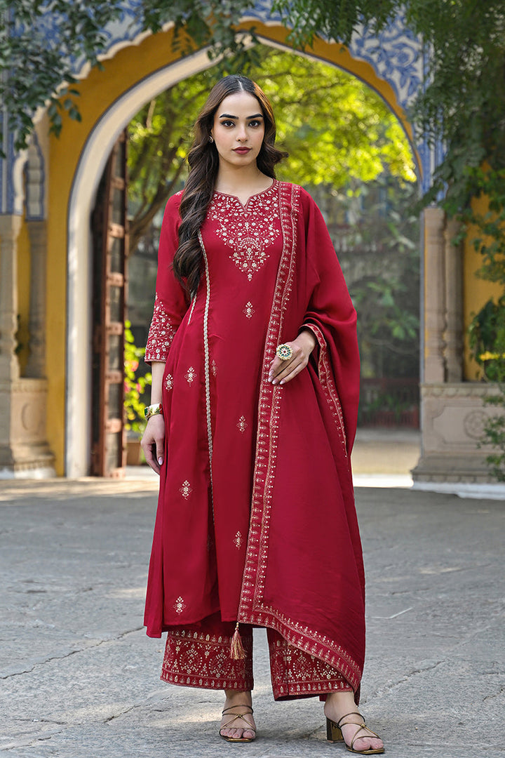 Red-Silk-Blend-Solid-Embroidered-A-Line-Palazzo-Set
