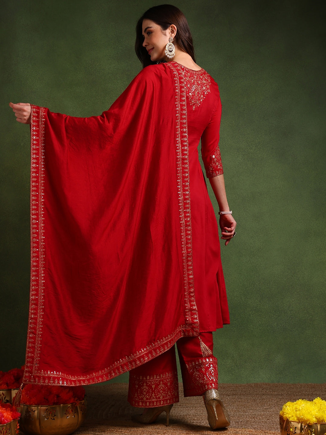 Red Silk Blend Solid Embroidered A-Line Kurta Palazzo With Dupatta