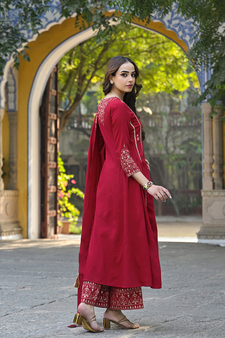 Red-Silk-Blend-Solid-Embroidered-A-Line-Palazzo-Set