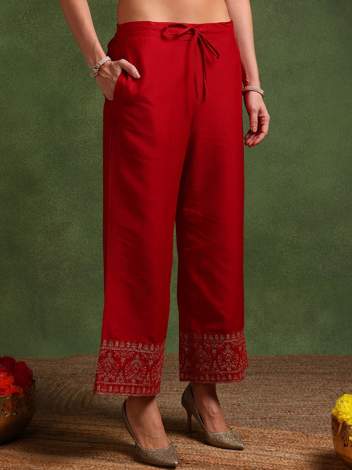 Red Silk Blend Solid Embroidered A-Line Kurta Palazzo With Dupatta