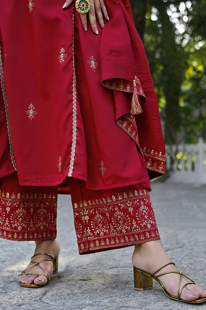 Red-Silk-Blend-Solid-Embroidered-A-Line-Palazzo-Set
