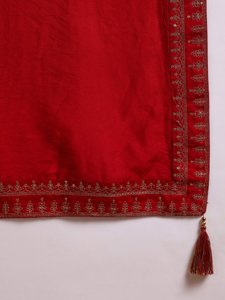 Red Silk Blend Solid Embroidered A-Line Kurta Palazzo With Dupatta