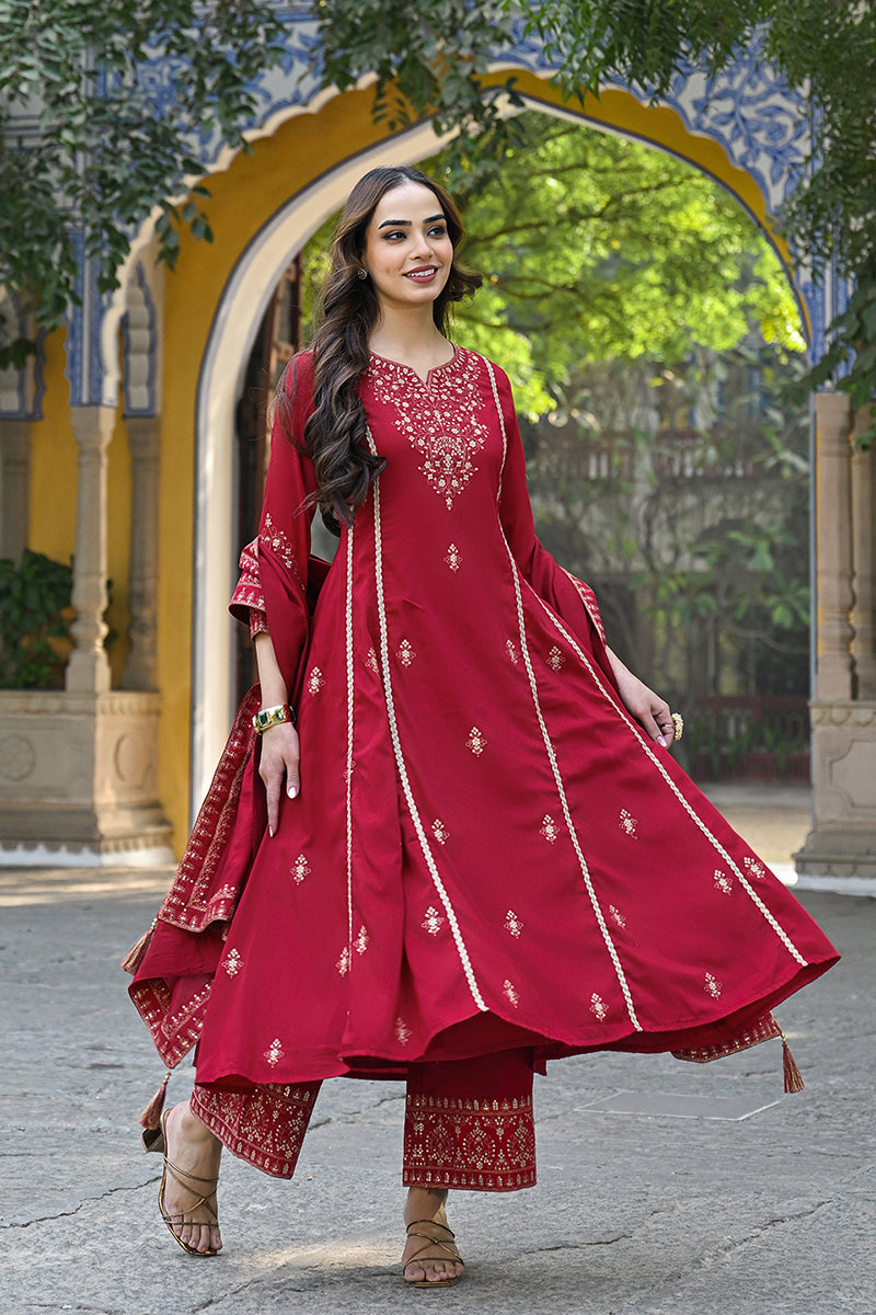 Red-Silk-Blend-Solid-Embroidered-A-Line-Palazzo-Set