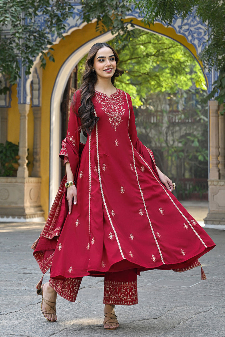 Red-Silk-Blend-Solid-Embroidered-A-Line-Palazzo-Set