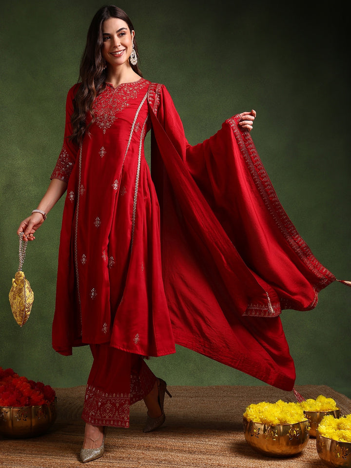 Red Silk Blend Solid Embroidered A-Line Kurta Palazzo With Dupatta
