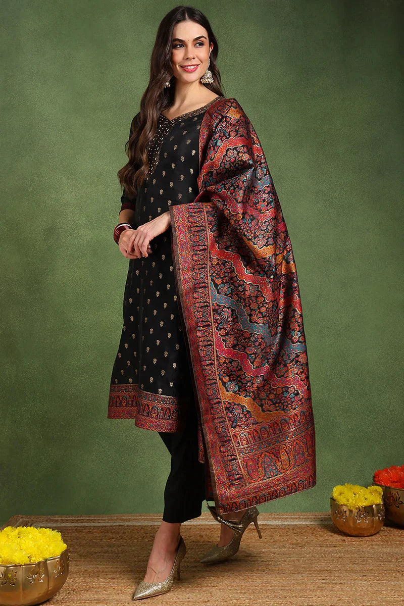Black-Silk-Blend-Solid-Woven-Design-Straight-Kurta-Trousers-With-Dupatta