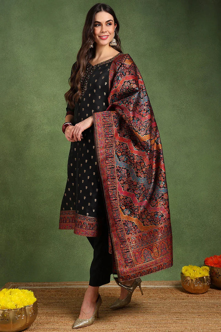 Black-Silk-Blend-Solid-Woven-Design-Straight-Kurta-Trousers-With-Dupatta
